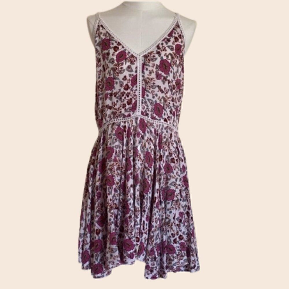 Anthropologie Raga Pink & White Floral Bohemian Mini Dress Size Small